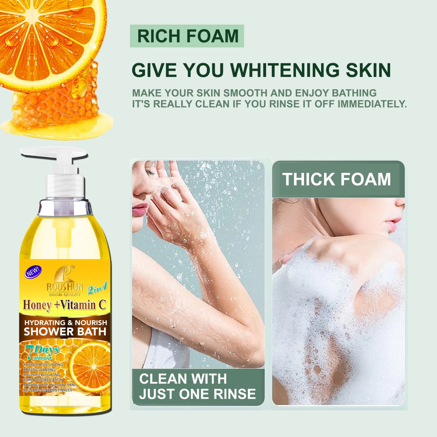 Roushun Honey+Vc Shower Gel Deep Cleansing Nourishing Body Wash Moisturizing Whitening Long Lasting Fragrance