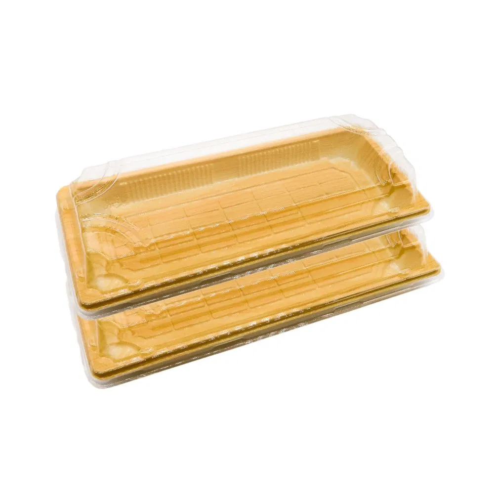 Manluen Food Grade Disposable Takeaway Plastic Boxes Sashimi Salmon Food Packaging Wooden Printing Sushi Container