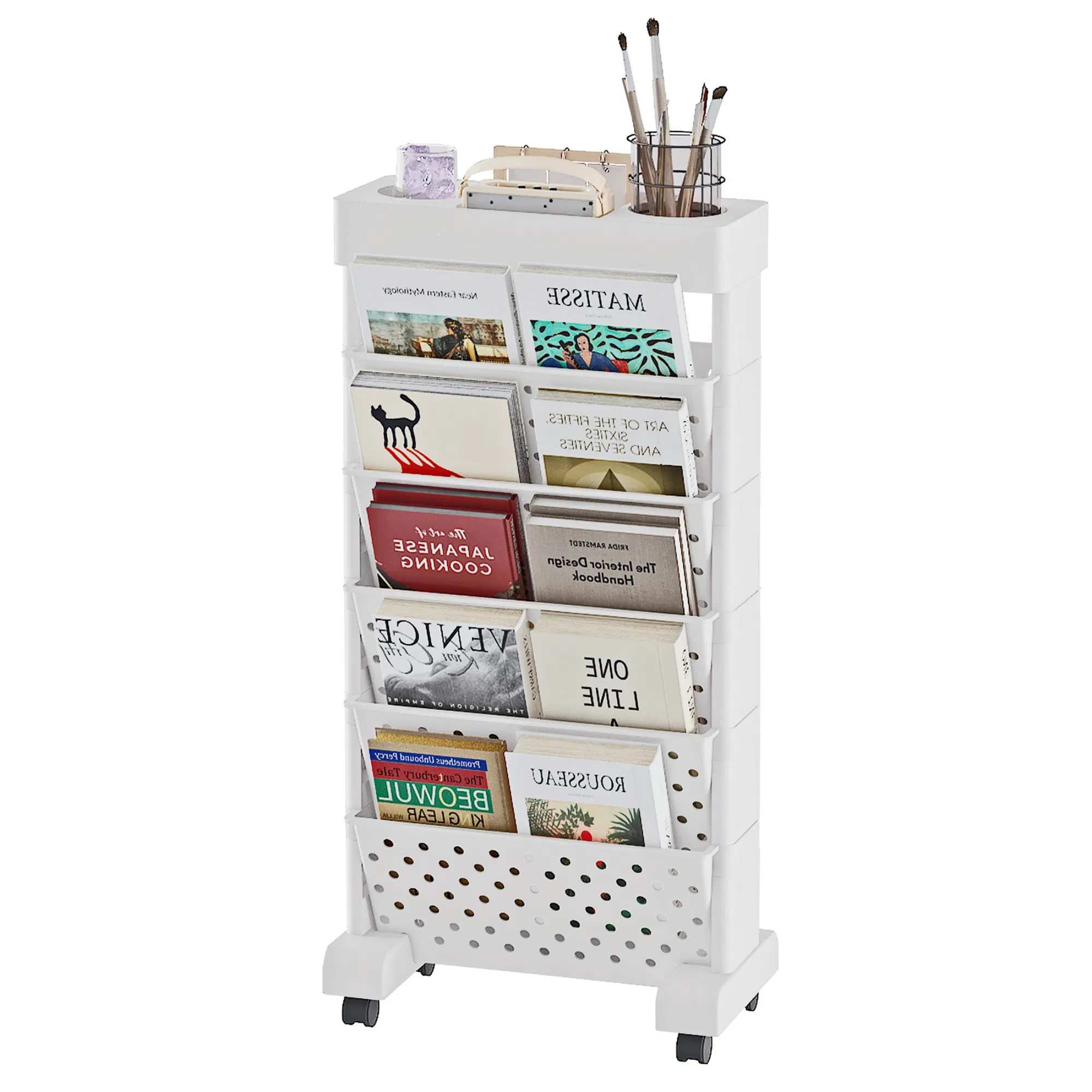 Передвижная пластиковая книжная полка на колесах для гостиной