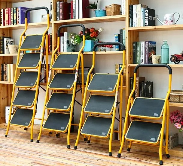 D-Type Lightweight, Portable Folding Steel Ladder Stool with Wide Anti-Slip Pedal