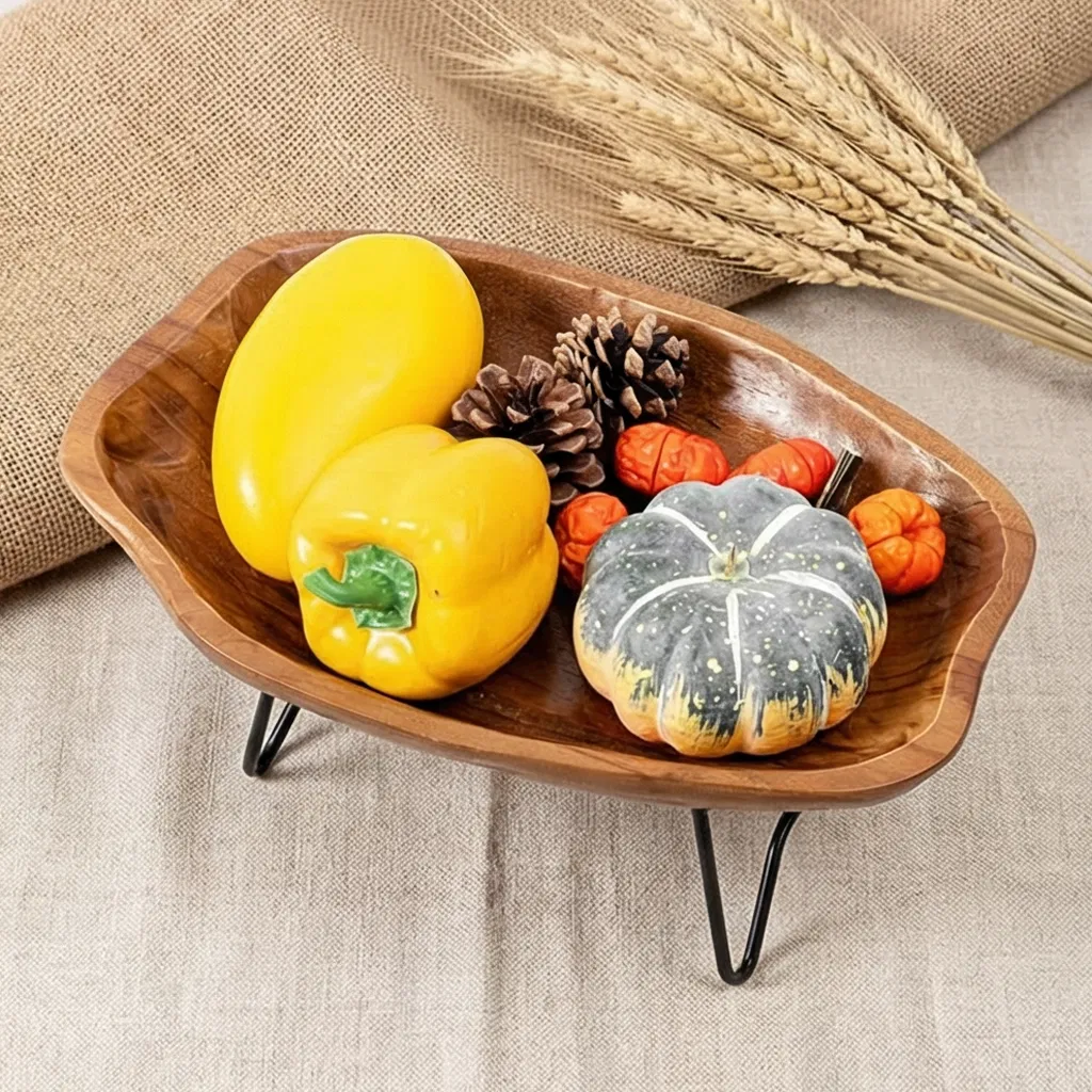 Live Edge Teak Wood Serving Tray with Metal Stand Decorative Food Display