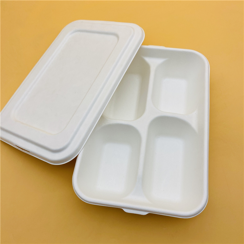 4 Divided Compartment Rectangle Sugarcane Bagasse Plates Tray