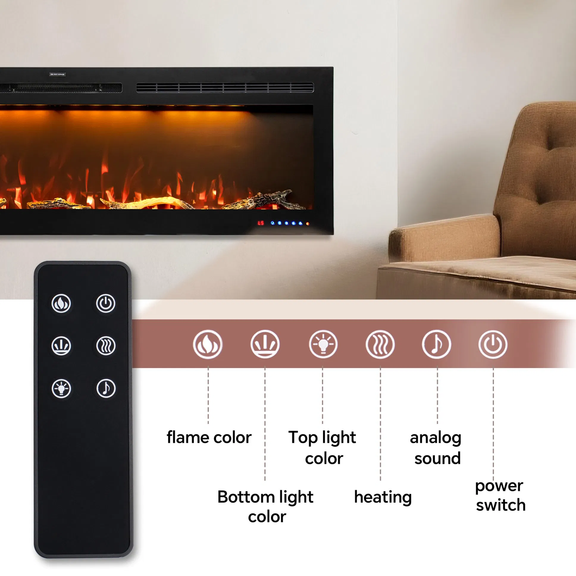 Commercial LED Electric Fireplace with Smart APP Control, 3D Realistic Flame Effect, Wall Mounted Heater for Hotel and Office Use