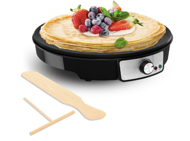 12" Griddle & Crepe Maker, Non-Stick Electric Crepe Pan W Batter Spreader & Recipe Guide- Dual Use Hot Plate for Blintzes, Eggs, Pancakes- Portable