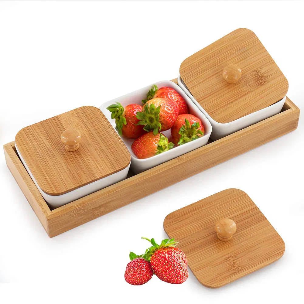 OEM Ceramic Appetizer Snack Serving Tray Compartment Ceramic Condiments Serving Platter with Bamboo Lid and Pallets for Snacks