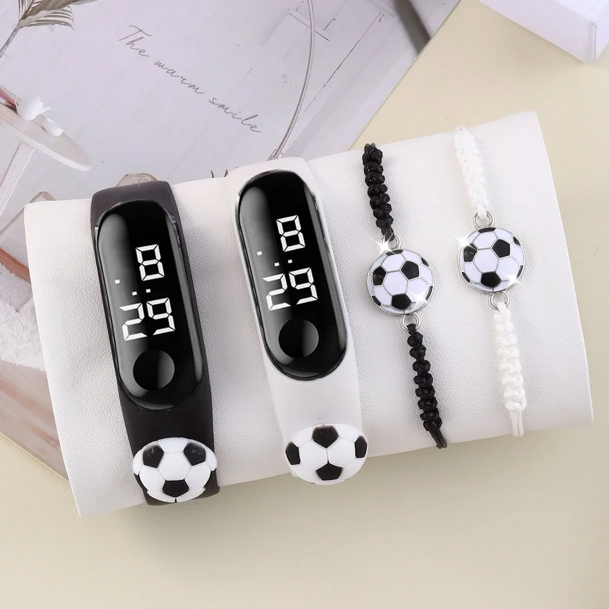 Black White Gift Watch Set Football Bracelet Couple Woven Bracelet