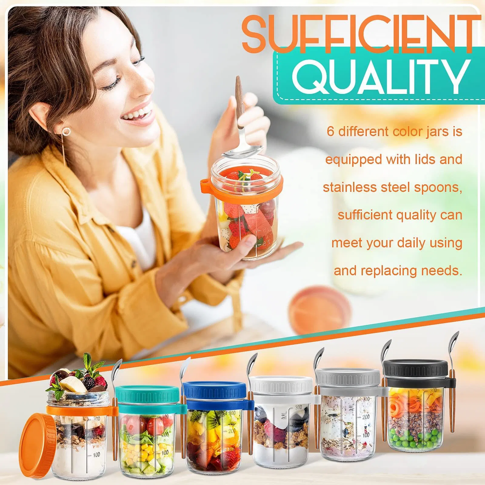12oz 300ml Pk 6 Hight Quality Glass Snack or Yogurt Jar Container with Spoon
