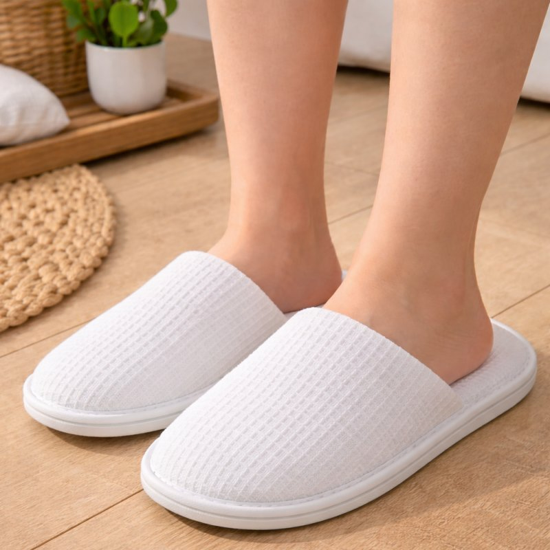 Wholesale Disposable Hotel Waffle Slippers with Anti-Slip EVA Sole and Individual Packaging
