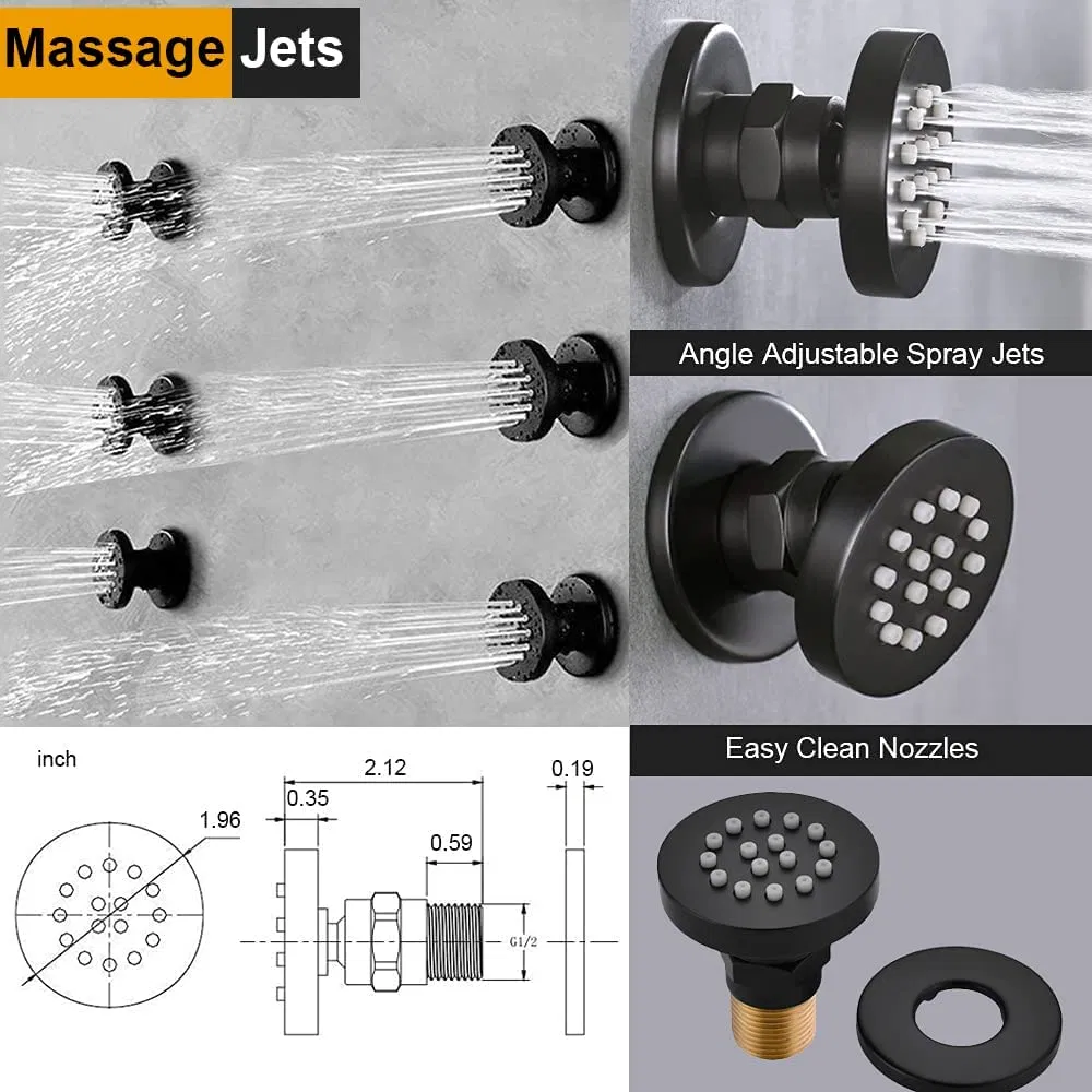 Luxury 12 Inch LED Round Concealed Shower System, Ceiling Rain Shower Faucet Fixture Set, Shower Head and Handheld with 6 Full Body Spray Jets (Matte Black)