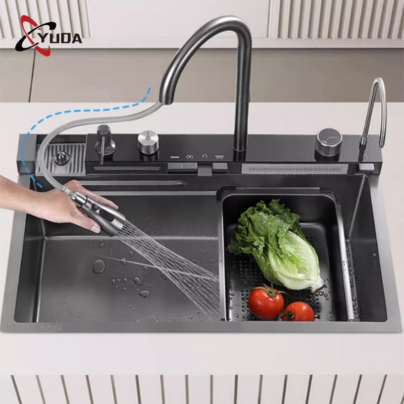 Multi Functional Waterfall Kitchen Sink Nano Black Knife Holder Handmade Kitchen Sink with Cup Washer
