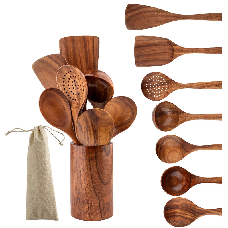 Kitchen Tools Accessories Nonstick Natural and Healthy Acacia Wood Kitchen Cookware Utensils Set Cooking Utensils