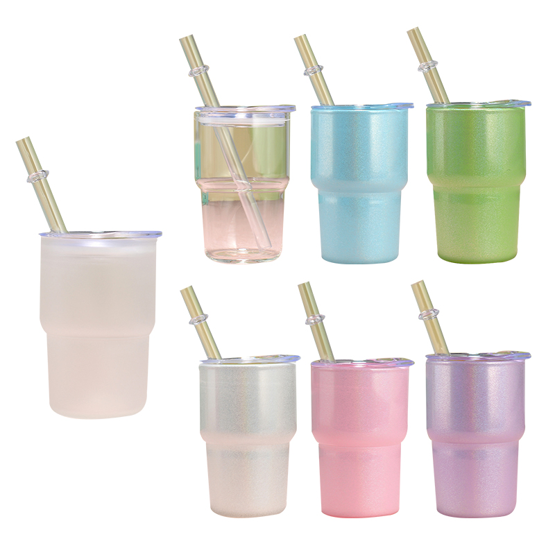 2oz 3oz Sublimation Glitter Shimmer White Shot Glass Cup Small Cute Mini Frosted Clear Glass Tumbler with Straw and Lids