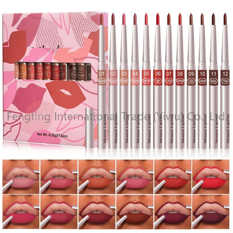 12-Piece Rotating Lip Liner Pen Set Long Wear Matte Lip Pencil Smooth Prone Not Fading Wholesale Makeup Lip Highlighters