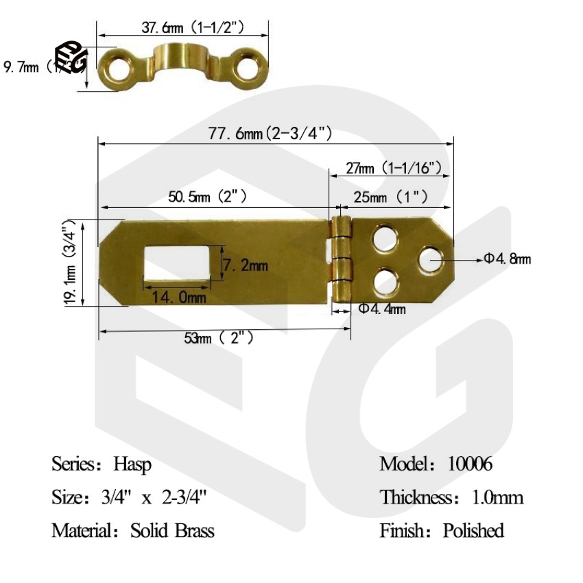 Antique Chest Lock Hasp - 1.2mm Solid Brass with Φ 4.9mm Rivet