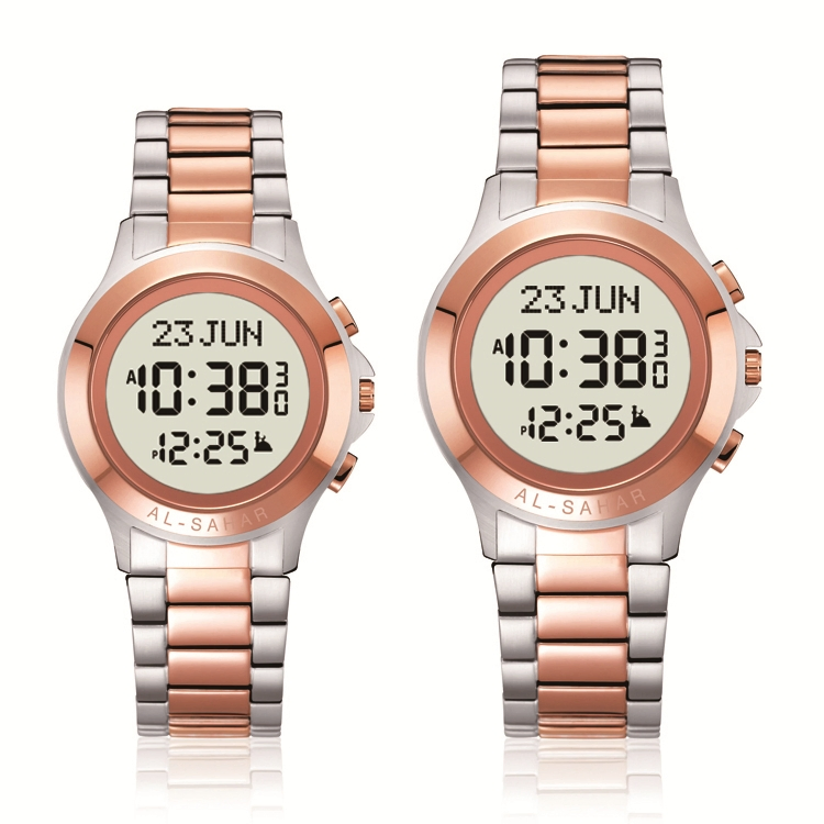 Fine Stainless Steel Elegant Couple Dual Time Analog-Digital Prayer Watch Islamic Mosque Azan Watch as-T002/T003