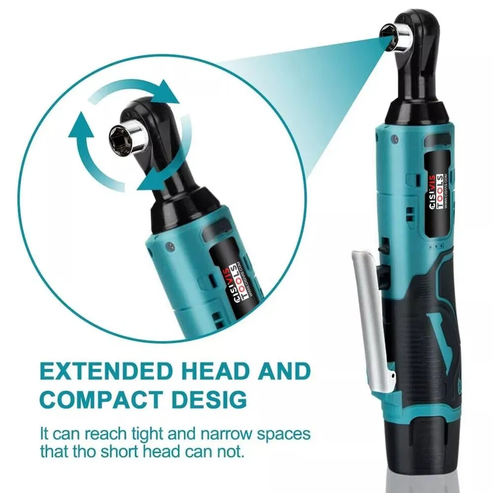 Cisvis 12V Brushless Ratchet Wrench 3/8'' 16cm Long Head with LED Work Light and 55nm Torque for Dark Space Mechanical Repair