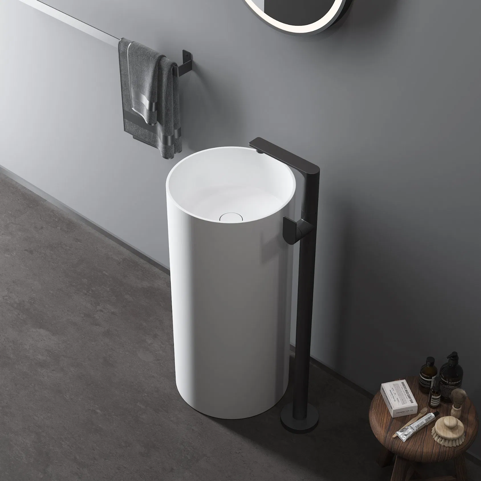 Modern Matte Black Colour Bathroom Solid Surface Pedestal Wash Basin Artificial Stone Freestanding Sink