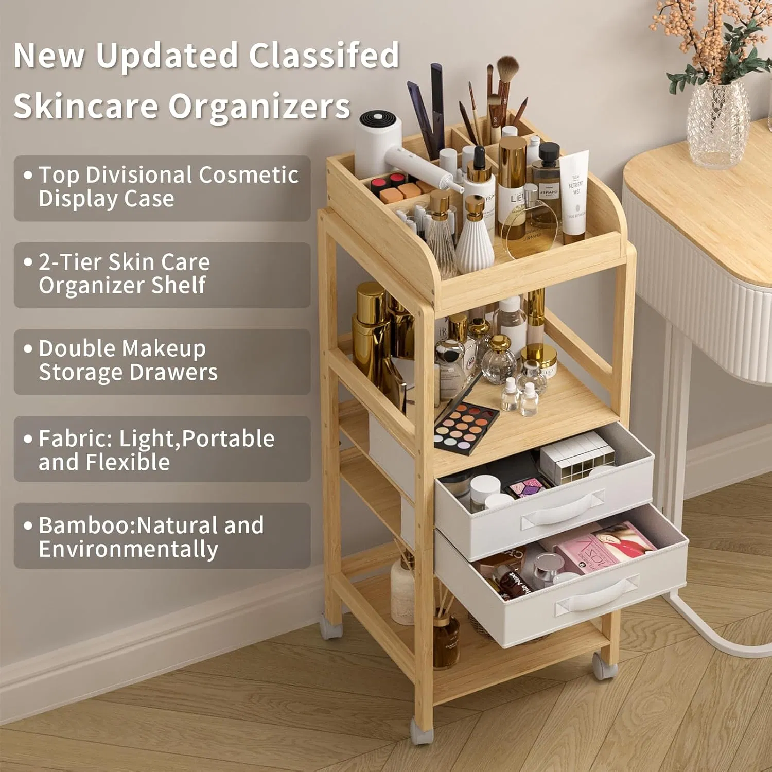 Multi Purpose Bamboo Storage Rack with Wheeled Fabric for Skincare Products