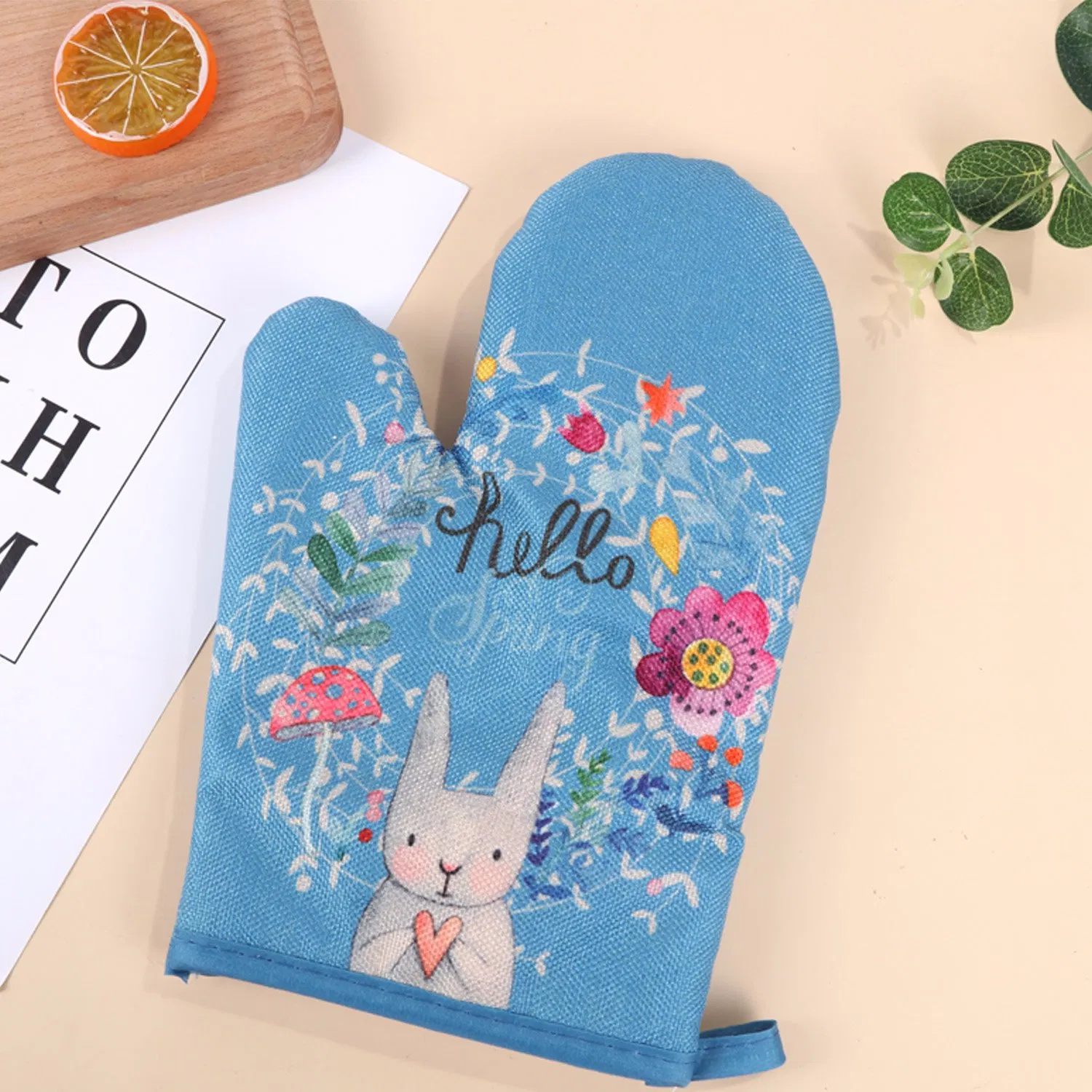 OEM Promotional Kitchen Printed Canvas Cotton Microwave Heat Resistant Oven Mitt Gloves