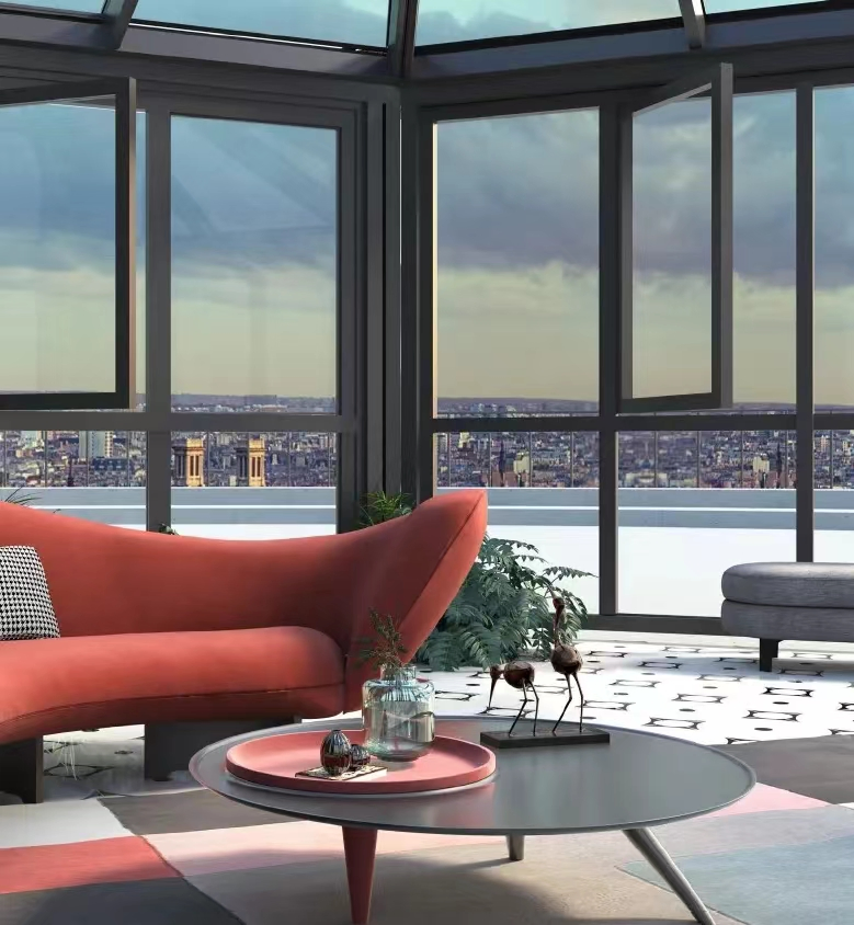 Glass House Backyard Sunroom with Casement Doors