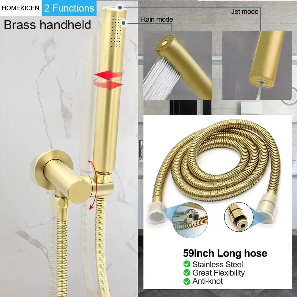 Luxury Brushed Gold Rainfall Concealed Shower System - 12 Inch Wall Mount Round Rain Faucet Set with Handheld Spray and Jets Combo, Thermostatic Brass Valve