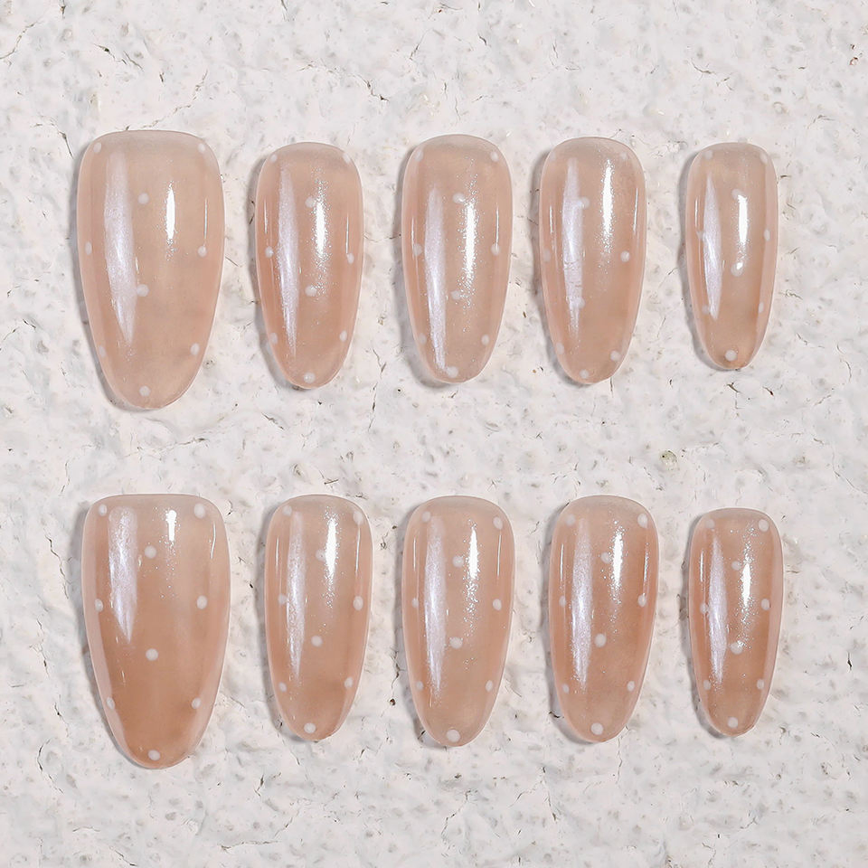 Elegant Nude Pink Almond Press-on Nails with White Dots