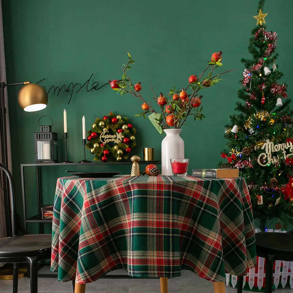 Nordic Vintage Christmas Tablecloth American Gingham Round Table Cloth