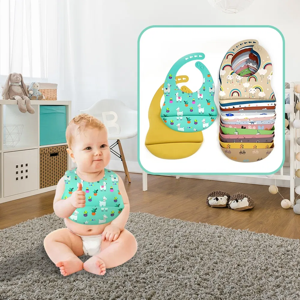 Waterproof Food Grade Baby Silicone Bibs Colorful Cute Pattern Silicone Baby Bib Custom Toddler Feeding Product