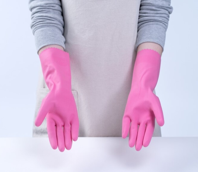 Pink Latex Household Glove, Spray Flock Liner, Scalloped Cuff.