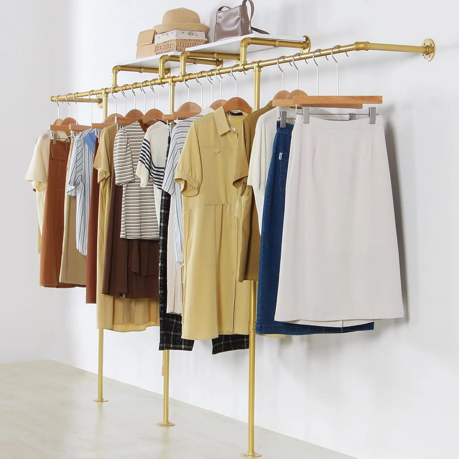 Gold Pipe Clothing Rack for Hanging Clothes Wall Mounted Heavy Duty Gold Industrial Pipe Clothing Rack with 2 Shelves