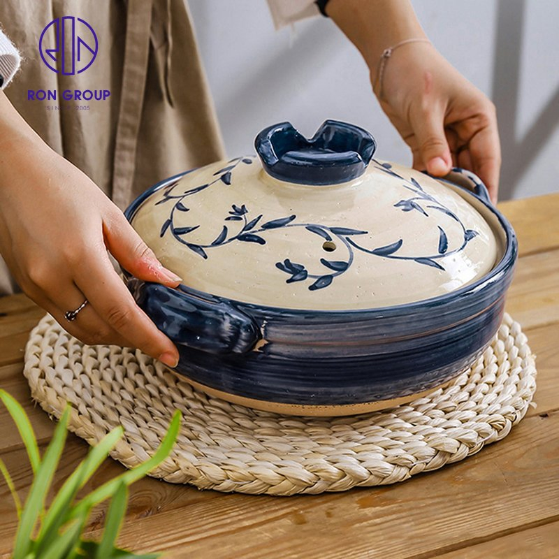 Hot Sale Japanese Style Restaurant Blue Pattern Clay Cooking Pot Ceramic Casserole Terracotta Pot