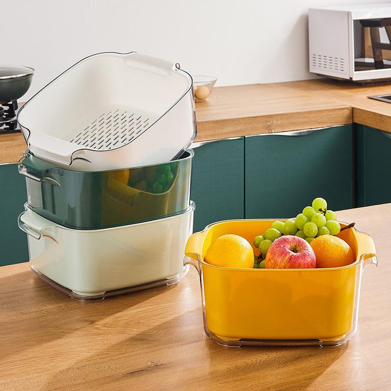 Kitchen Double Drain Basket Household Multi-Functional Thickened Plastic Basin
