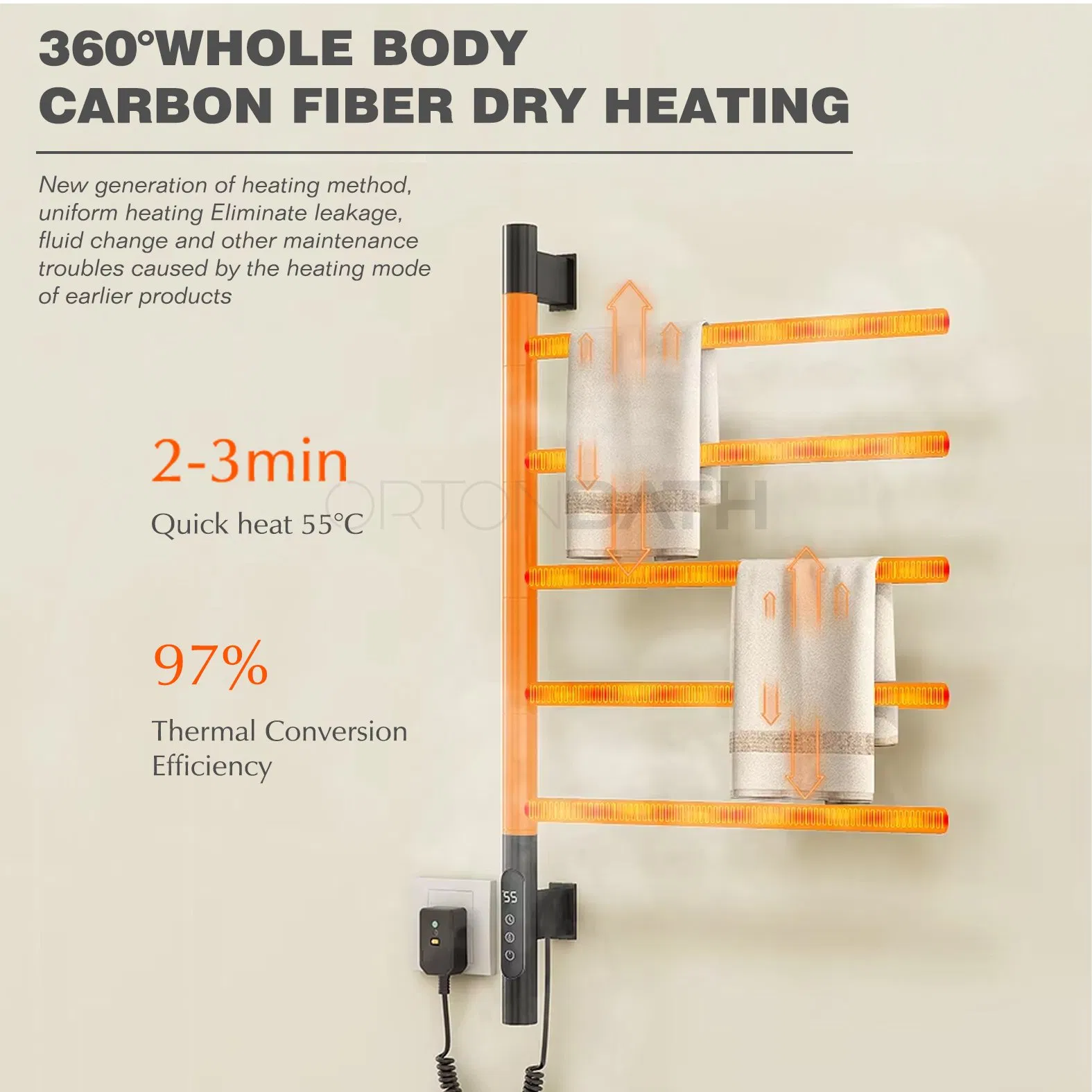 Ortonbath Electric Towel Warmer, 5-Bar Rotating Heated Towel Rack, 2-3 Minutes to 55° C/131° F, Wall Mounted Towel Warmer with Timer