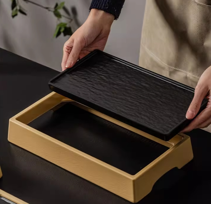 Melamine Black Dinnerware Sushi Platter Serving Tray for Steak M9 Wagyu Plate