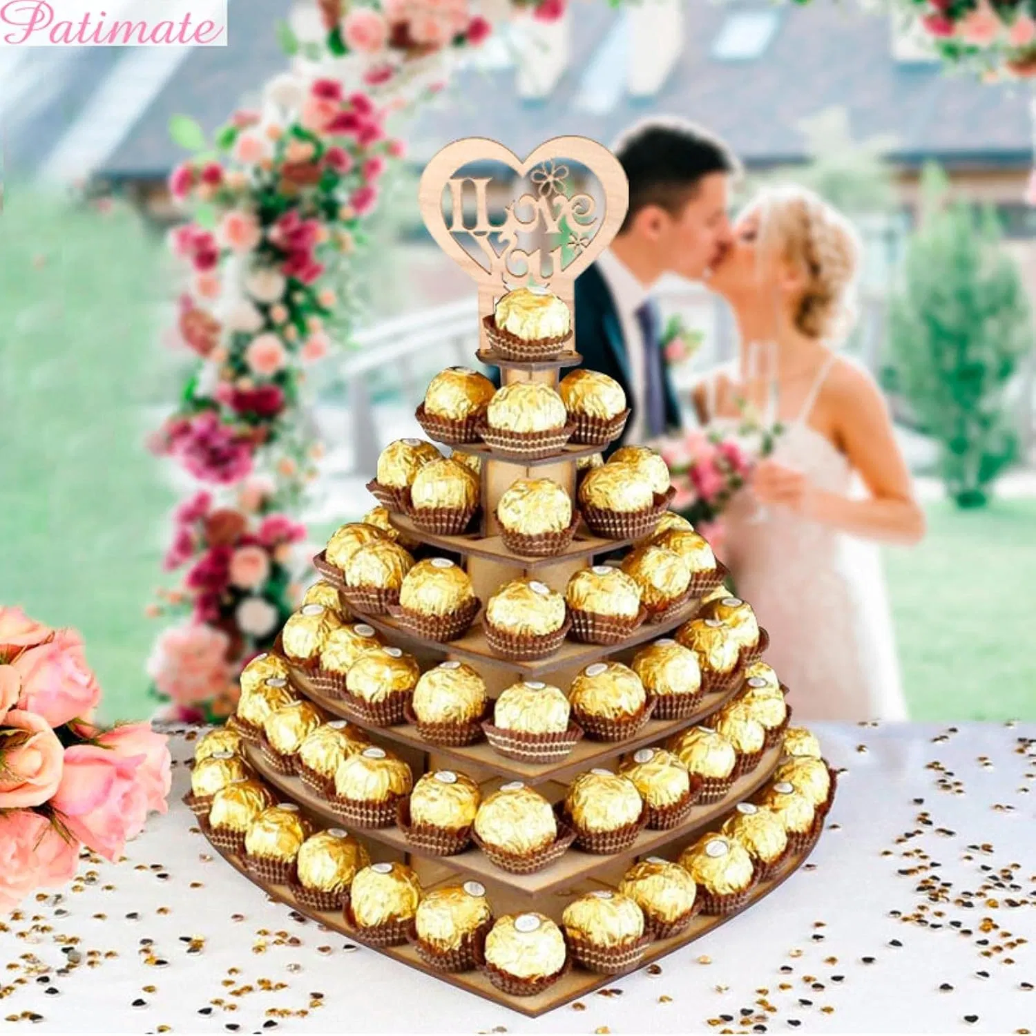 Elegant Heart-Shaped 7-Tier Wooden Chocolate Display Stand for Events