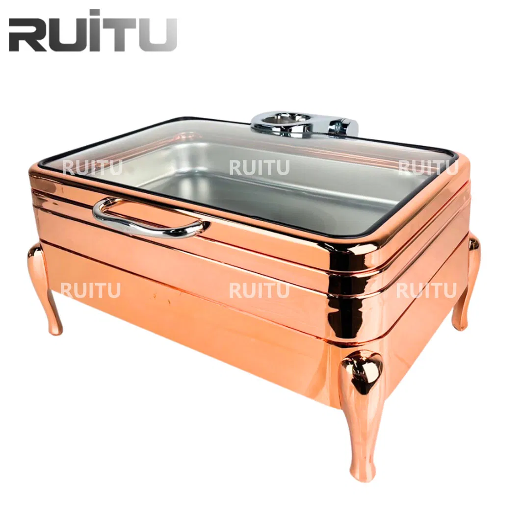 Buffet Oblong Chafer Food Warmer Hydraulic Glass Lid Rose Gold Chafing Dish Buffet Set