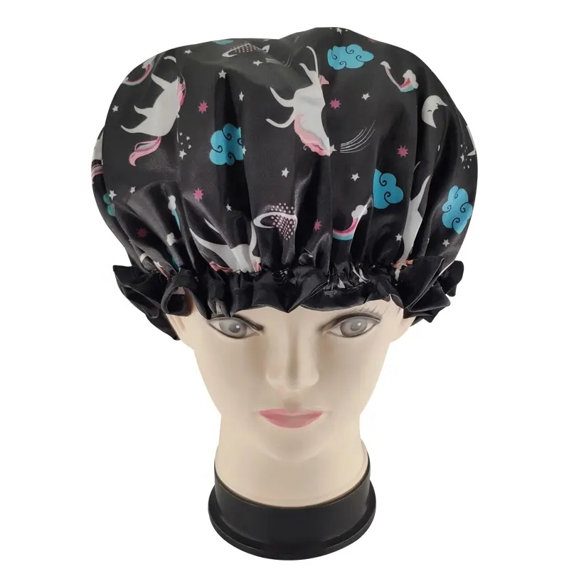 Digital Printing Cartoon Shower Caps Low MOQ Large Enough Elastic Double Layer