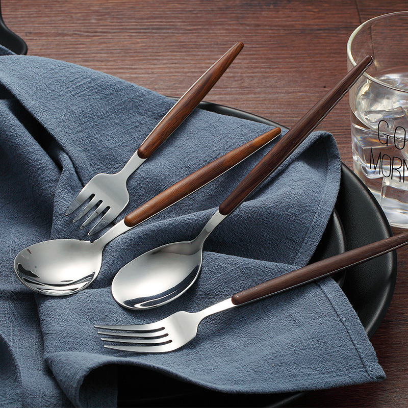Nordic Steak Fork Spoon Wooden Handle Mirror 304 Stainless Steel Cutlery Set