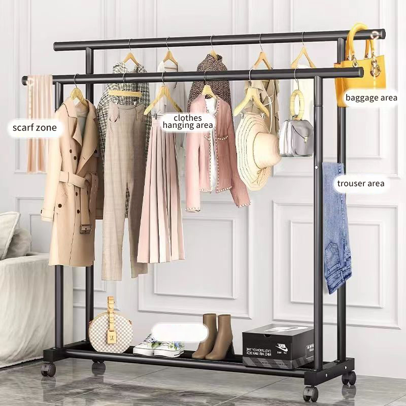 Multifunction Metal Garment Rack Wholesale Household Clothes Storage Hanging Rack Movable Single Rod Space Saving Clothes Rack