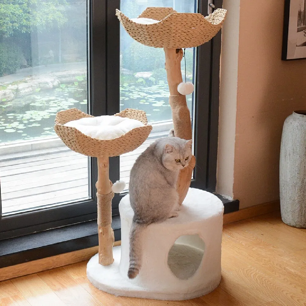 Luxurious Solid Wood Cat Tree with Integrated Scratching Post