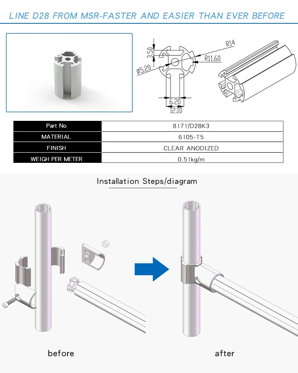6105-T5 D28K3 Aluminium Pipe Clear Anodized Aluminium Profile Tube