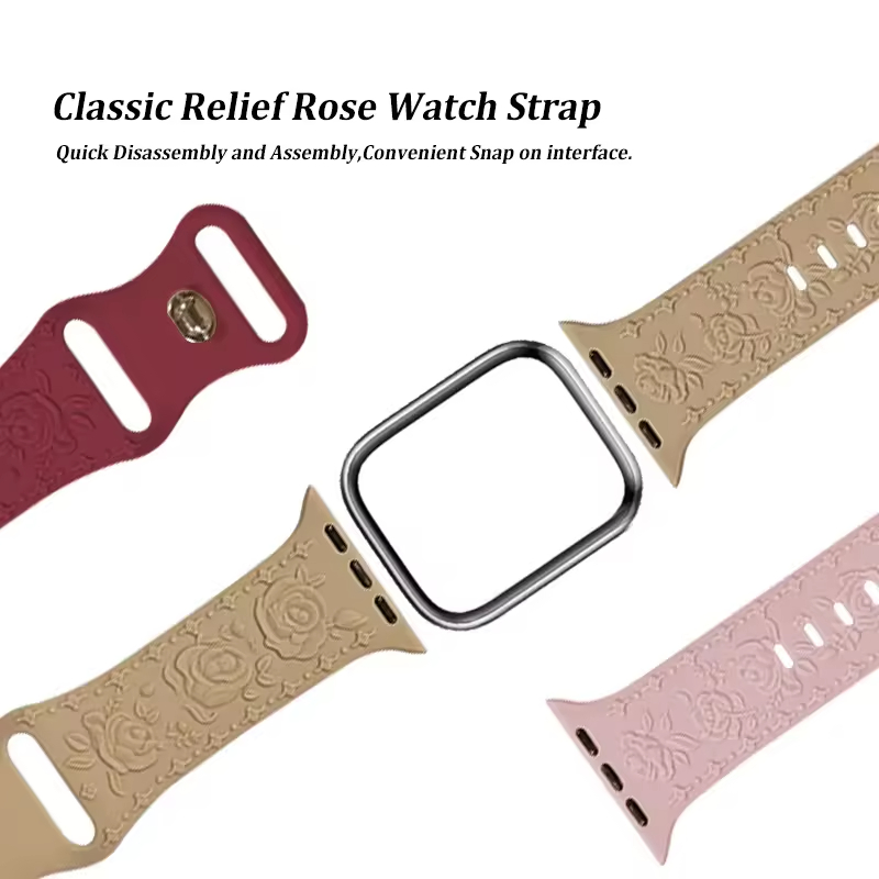 for Apple Watch Full Series Customized Pattern Classic Relief Rose Flower Silicone Embossed Engrave Carved Watch Strap