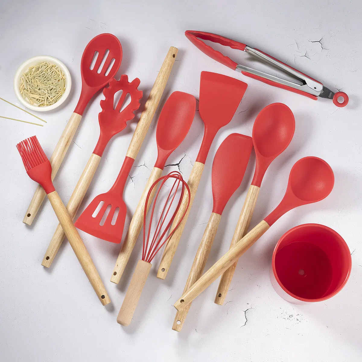 Silicone Kitchen Utensils for Cooking Wooden Handles