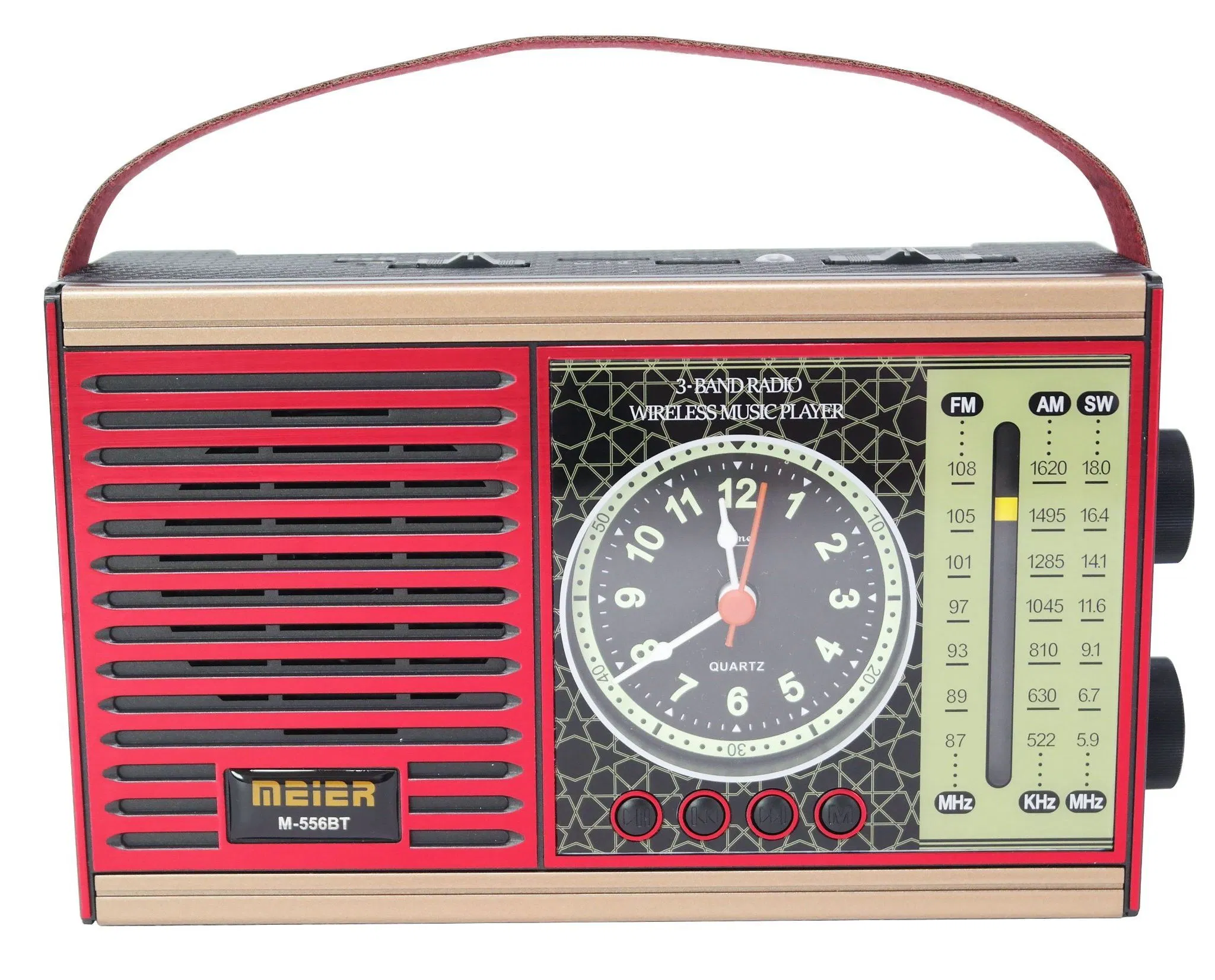 Meier M-556bt Portable 3-Band Am FM Sw Radio, TF Card and MP3 Player, Rechargeable Speaker, Bluetooth Retro Design Clock Mini Radio