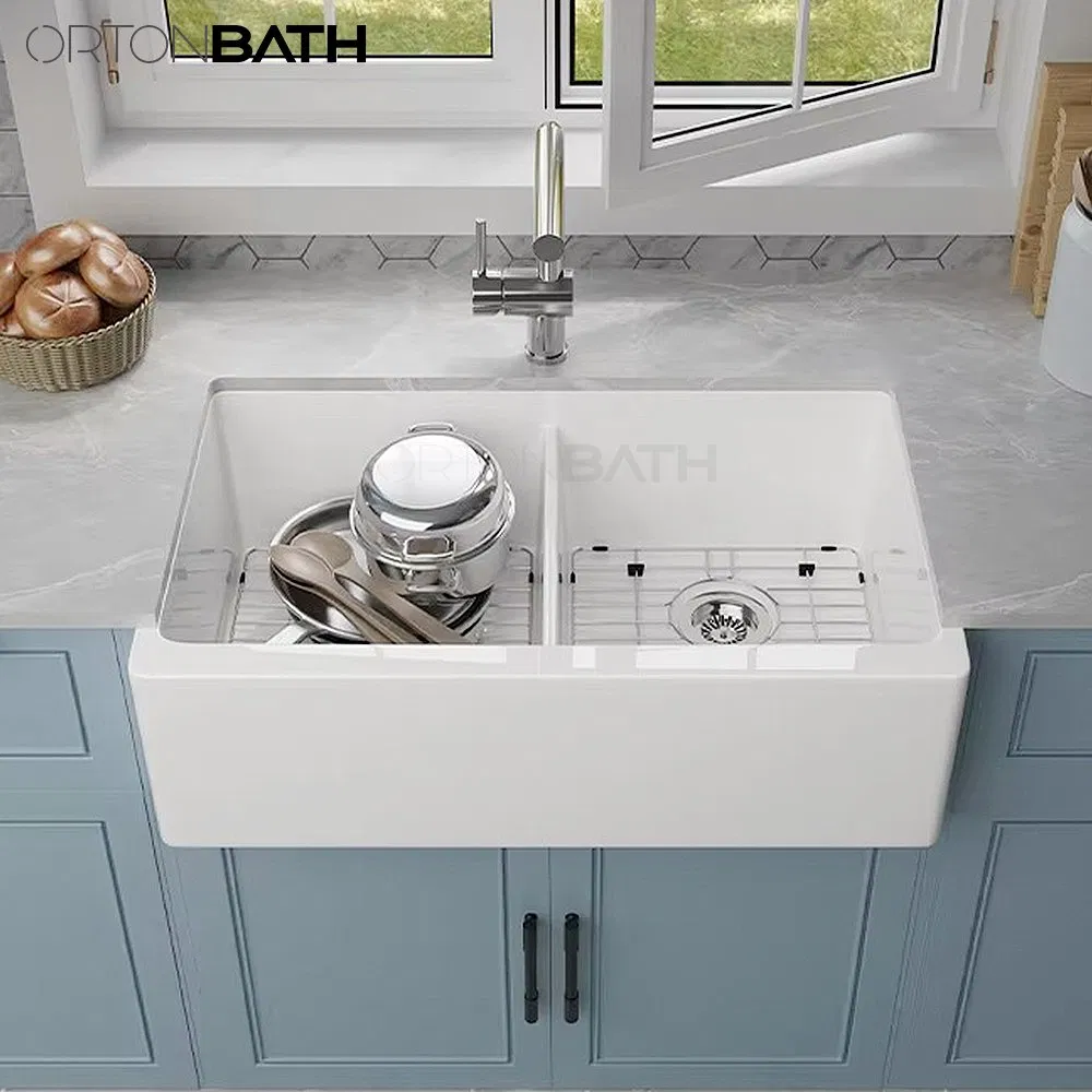Ortonbath Farmhouse Sink 33 Inch - Apron Front Kitchen Sink Reversible Double Sink, Undermount Installation, Farm House Style Double Bowl Sink