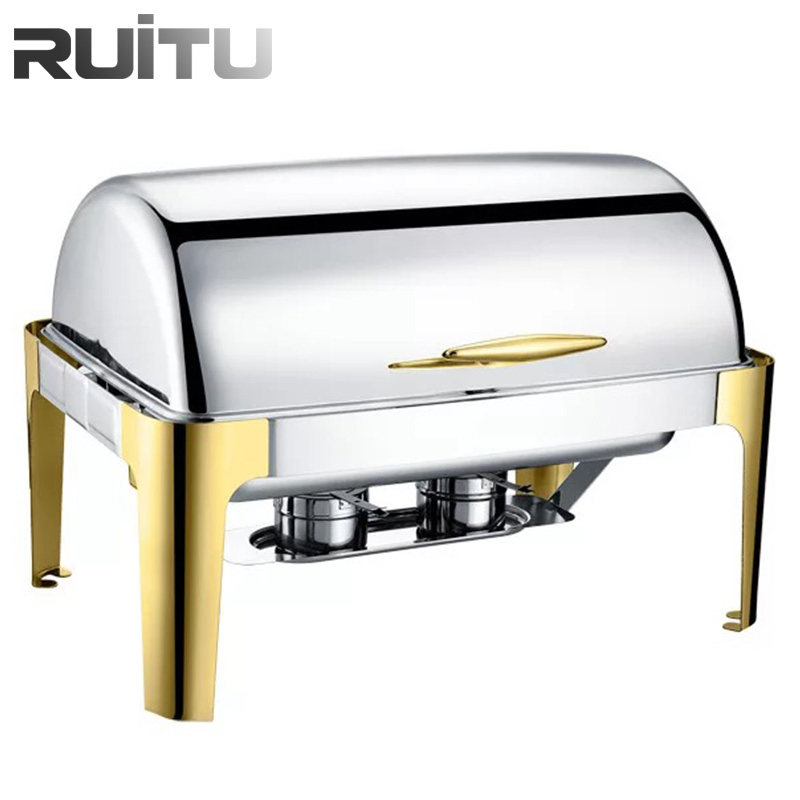 Buffetware Stoves restaurant Food Warmer Equipment High Quality Chaving Dish Gold Legs Silver Roll Top Round 6qt Cheap Economic Party Chafing Dishes for Sale