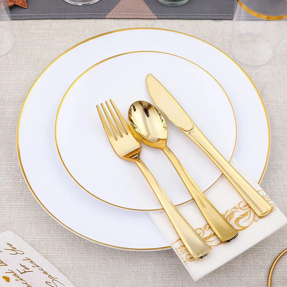Wedding Party Premium Rose Gold Rim Plastic Plates Disposable Party Heavy Weight Cutlery Set and Disposable Dinnerware Set