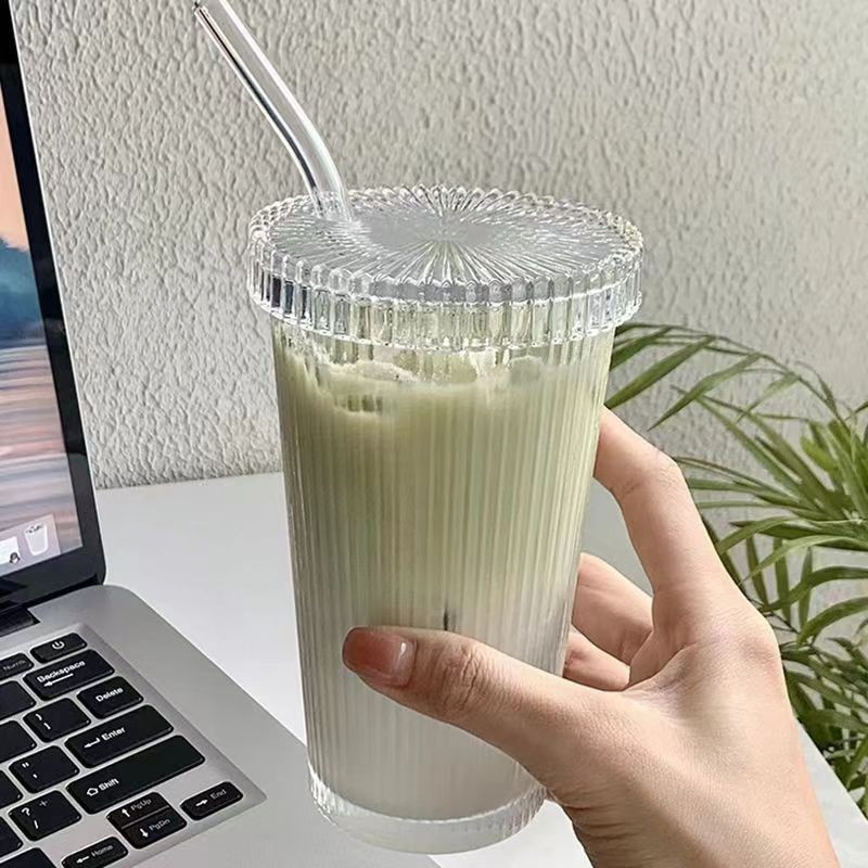 375ml Clear Ribbed Glass Cups with Lid and Straw Transparent Glass Cup