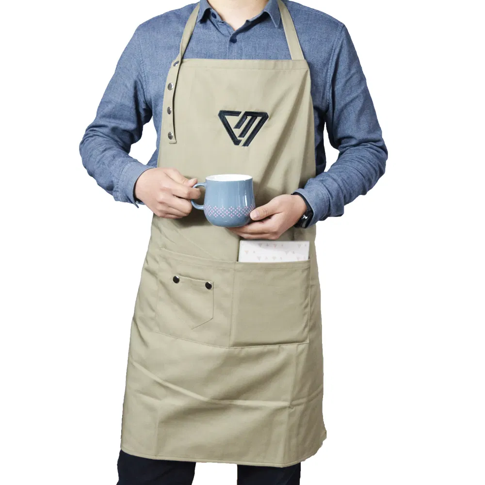 Custom Embroidered Logo Cotton Polyester Waterproof Chef Cooking Aprons for Cafe Restaurants Kitchen