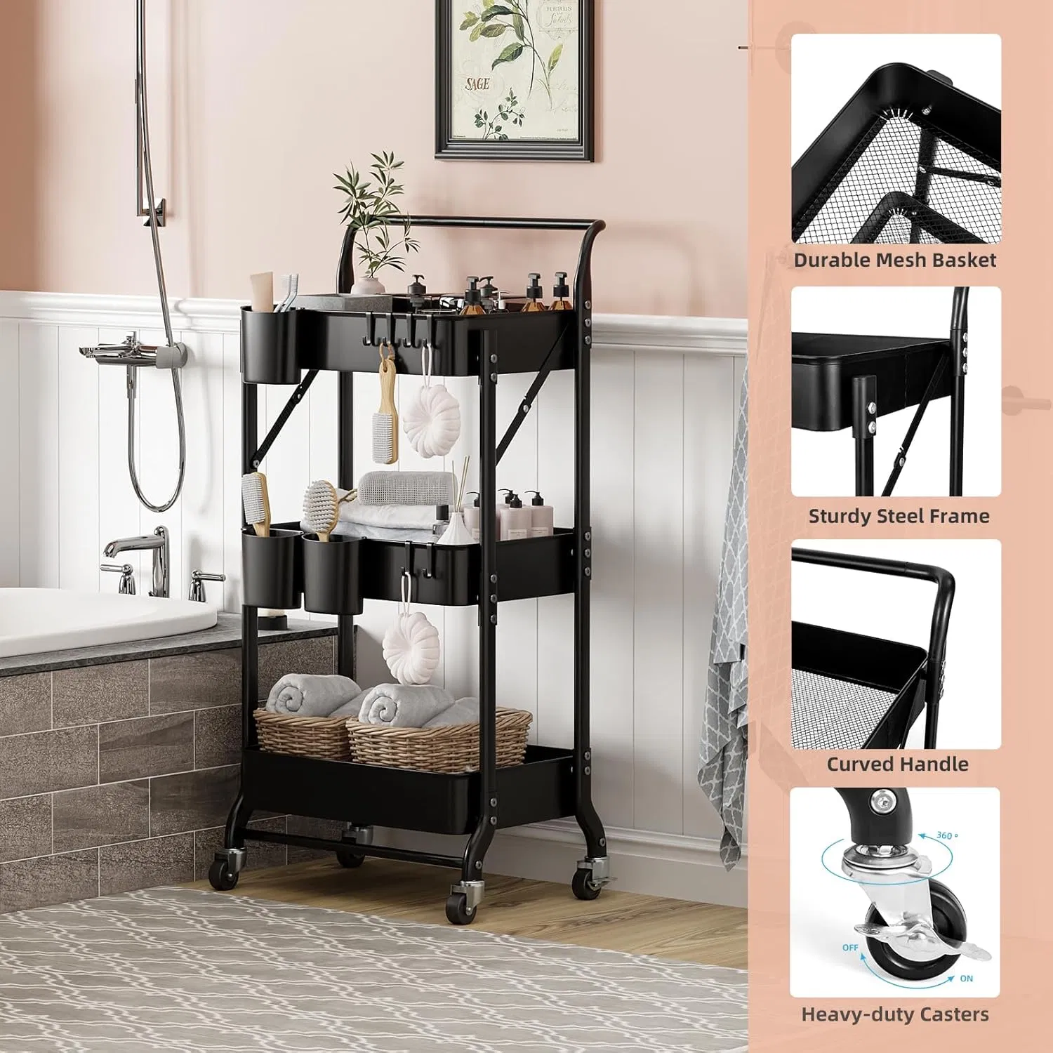 3-Layer Foldable Rolling Cart with Wheels, Foldable Multi-Function Storage Rack, Black, Factory Price